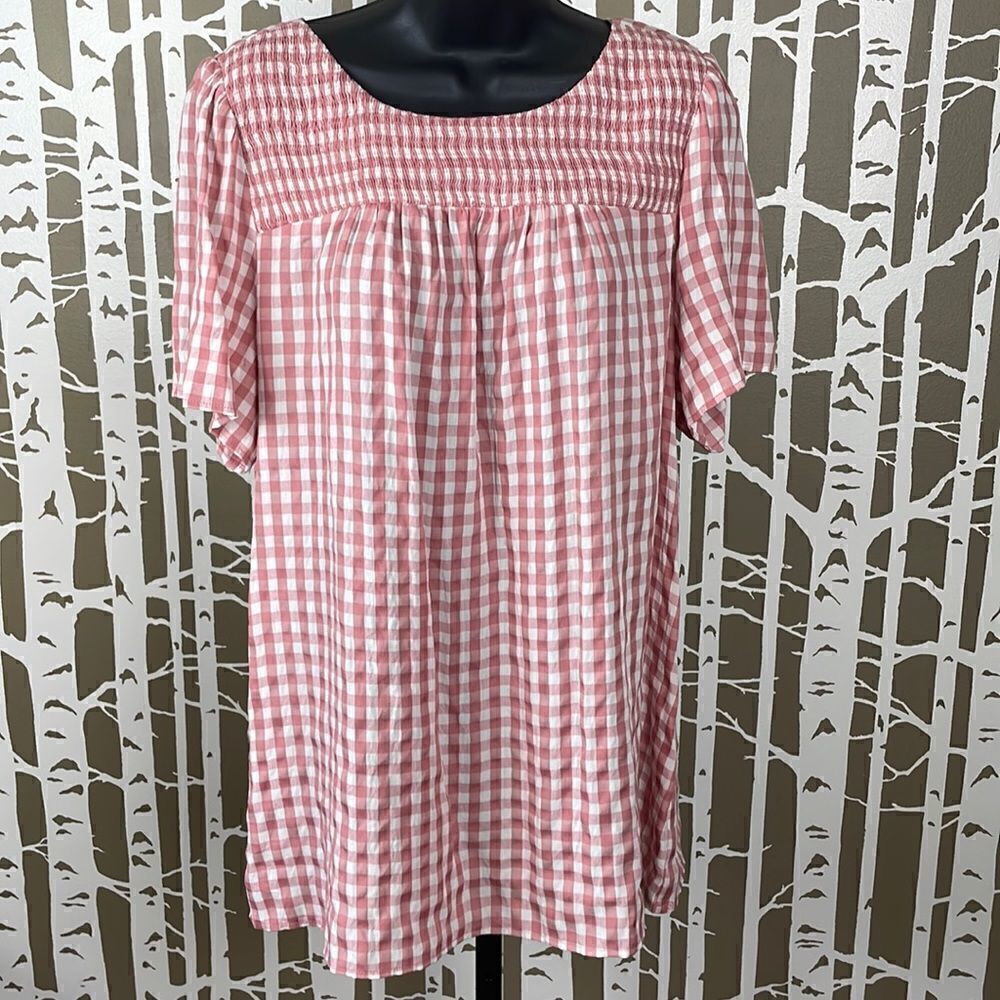 Pink & White Gingham Plaid Smocked Shoulder Longline Pullover Short Sleeve Top